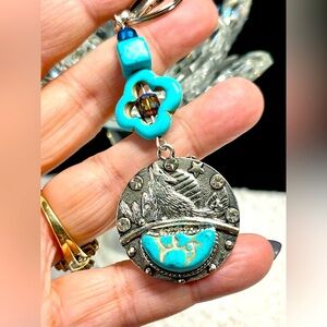 Howling wolf/Long turquoise and silver  keychain-add to your purse